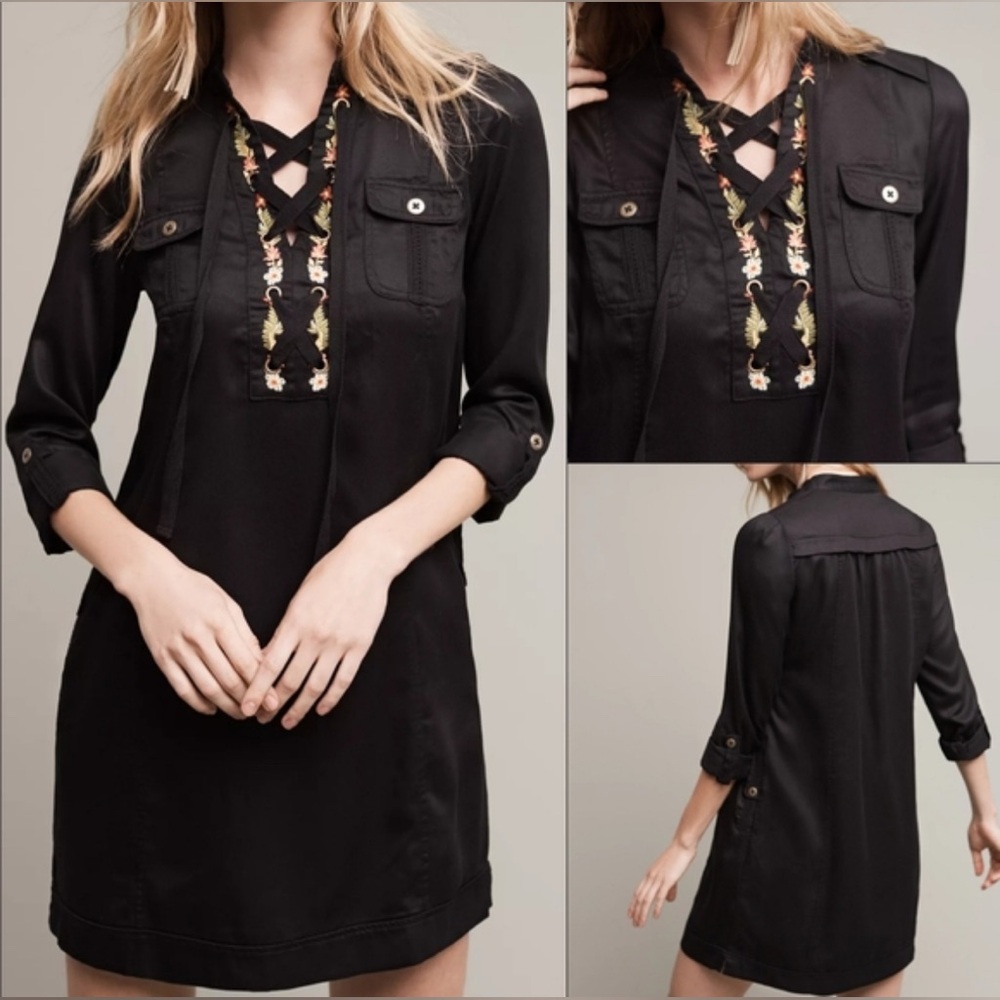 Anthropologie Holding Horses Dress Black Embroidered Tunic Lace up